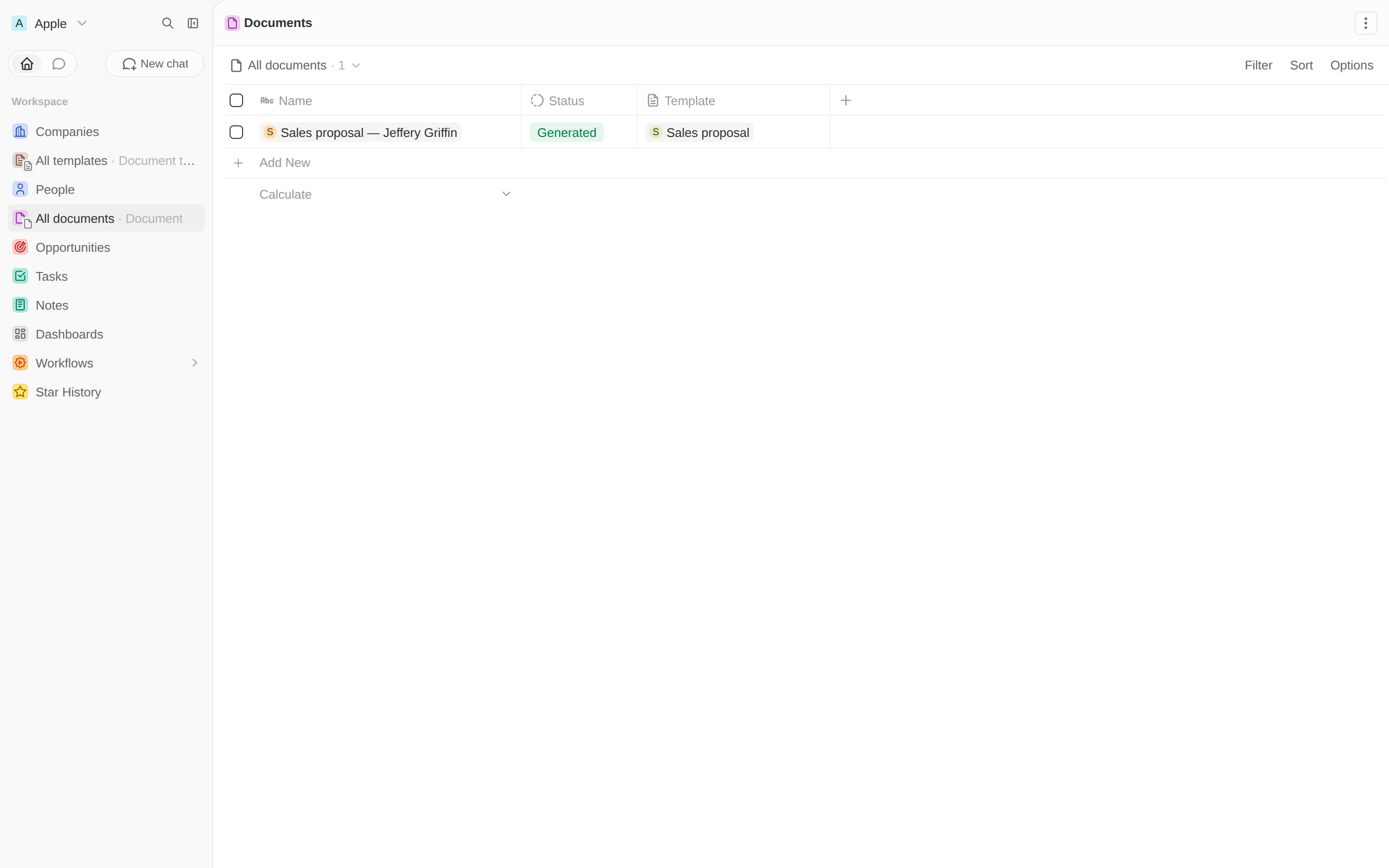 Documents view with a generated document