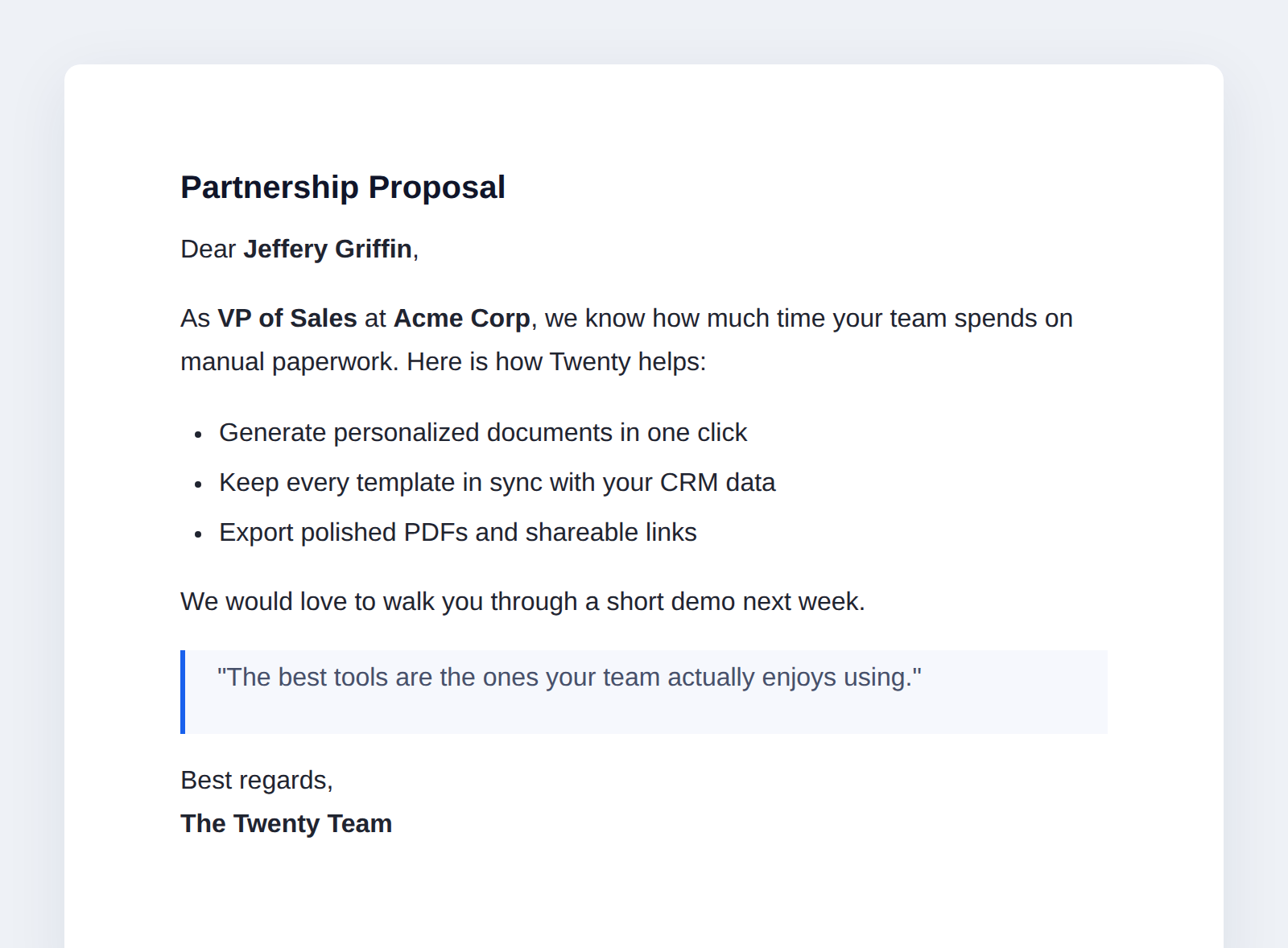A generated Sales proposal document
