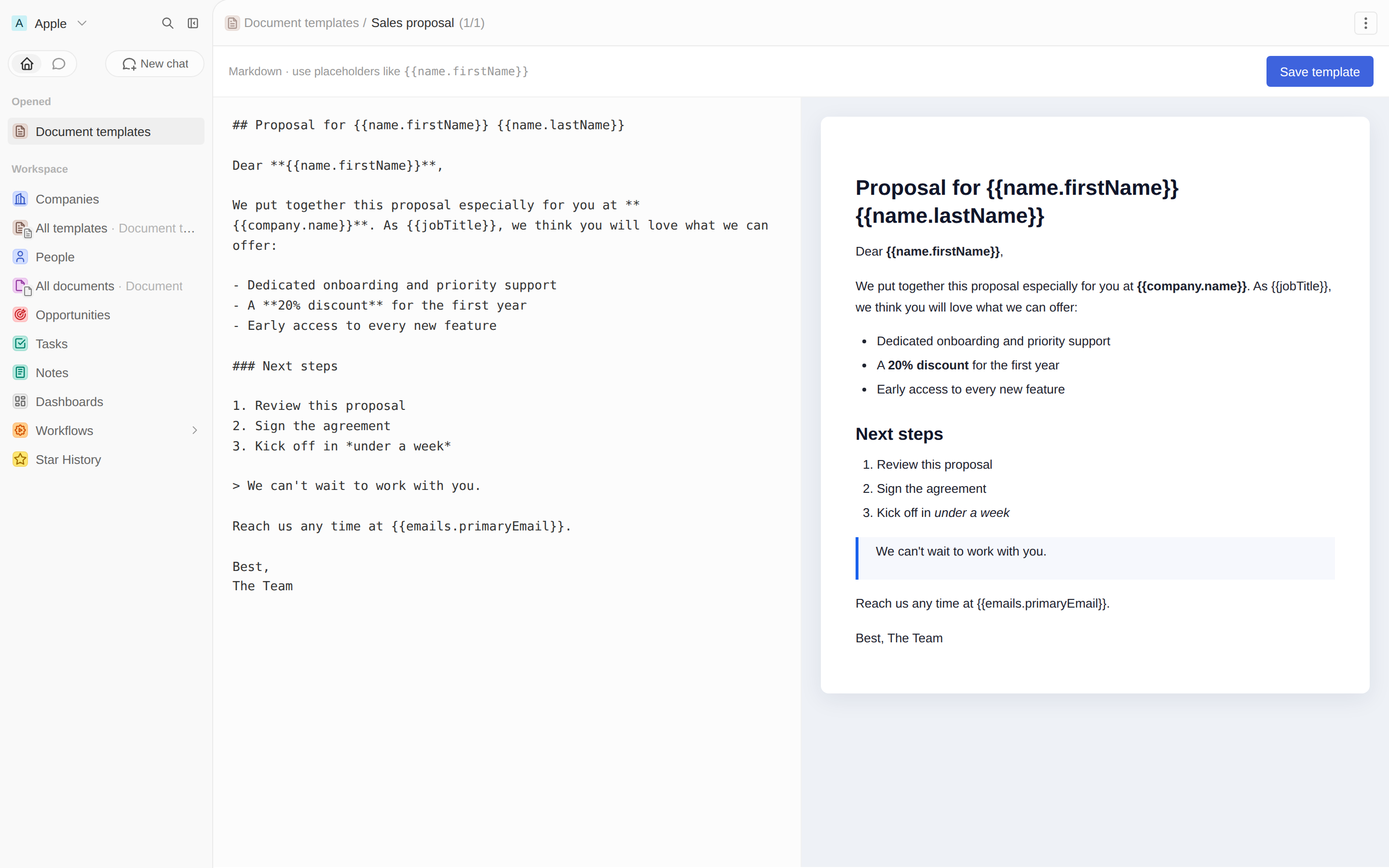 Template record with the native rich-text editor tab